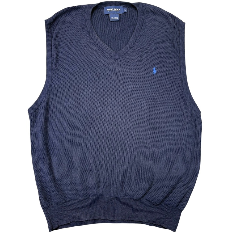 Ralph Lauren Polo Golf Sweater Vest Mens L Navy‎ Blue Cotton V-Neck Knit Pony